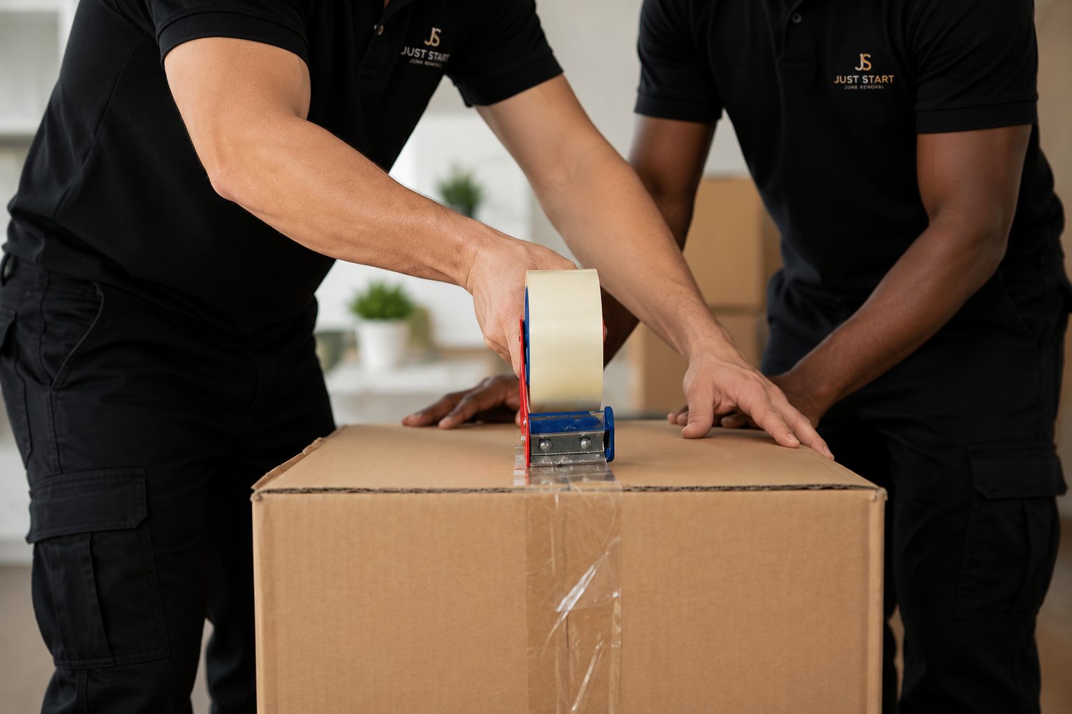Two Just Start crew members in branded polos sealing a moving box